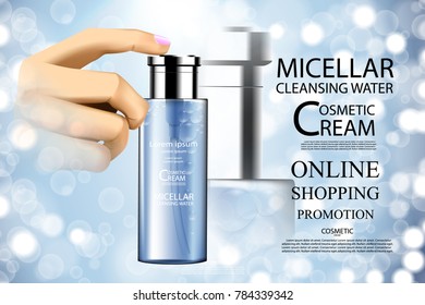 Luxury cosmetic Bottle package skin care cream, Beauty cosmetic product poster, with Bokeh and hand background