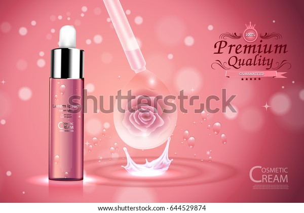 バラとボケ背景に高級化粧品ボトルパッケージスキンケアクリーム 美容化粧品ポスター のベクター画像素材 ロイヤリティフリー