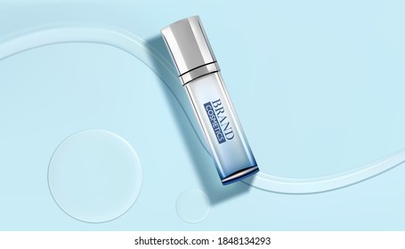 Luxury cosmetic Bottle package,White cosmetic products with Drop of water on cyan background.Blue cosmetic premium. Makeup products brand. 3D illustration.