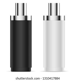 Luxury Cosmetic Bottle. Vector Container Mock Up. Clean Isolated Plastic Jar with Glossy Silver Cap for Skincare Aging Serum. Shampoo Pack. Body Skin Lotion Elegant Vial.