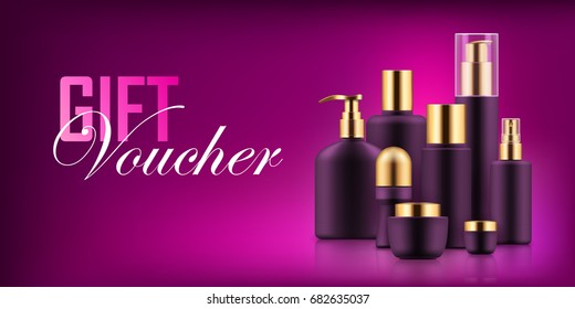 Luxury cosmetic bottle voucher. Fashion and beauty concept. Personal body and hair care gift. Realistic template vector illustration