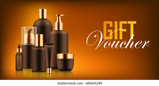 Luxury cosmetic bottle voucher. Fashion and beauty concept. Personal body and hair care gift. Realistic template vector illustration