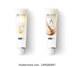 Luxury cosmetic container with cream on a white background. Realistic white tube, packaging aluminum uv sunblock cream. Vector mock up,template for package design.Sunblock ads template,sun protection 