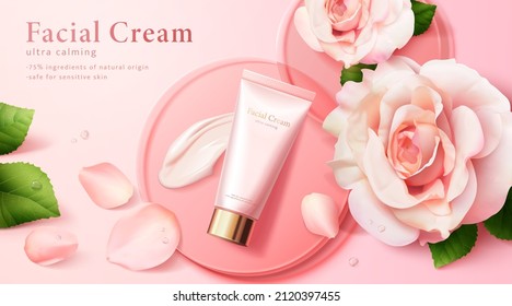 Luxury cosmetic cream ad template. 3d facial cream product tube on a pink podium surrounded by roses and petals on pink background.