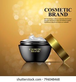 Luxury cosmetic cream jar with golden cap on shining background. Vector 3d illustration template for design  placard, presentation, banners and cover.