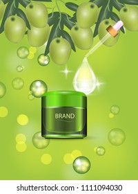 Luxury cosmetic cream jar on bokeh background with green olives and Collagen serum drop. Vector Illustration