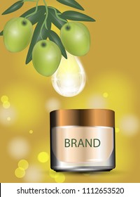 Luxury cosmetic cream jar on bokeh background with green olives and Collagen serum drop. Vector Illustration