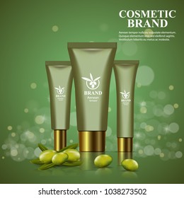 Luxury cosmetic cream tubes with golden caps and olive branch on shining green background. Vector 3d illustration template for design  placard, presentation, banners and cover.