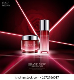 Luxury cosmetic design with glowing and Laser light effect on red rose background in 3d illustration.