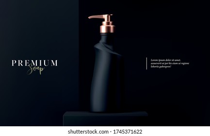 Luxury cosmetic liquid soap with dispenser for skin care on black background. Black and gold matte cosmetic liquid soap mock up bottle. Beautiful cosmetic template for ads. Makeup products brand.