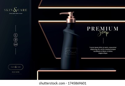 Luxury cosmetic liquid soap with dispenser for skin care on black background. Black and gold matte cosmetic liquid soap mock up bottle. Beautiful cosmetic template for ads. Makeup products brand.