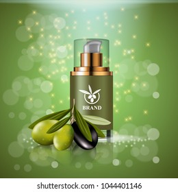 Luxury cosmetic moisturizing spray  with golden cap and olive branch on shining green background. Vector 3d illustration template for design  placard, presentation, banners and cover.