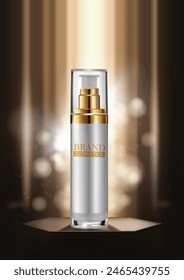 Luxury cosmetic on hexagonal podium with  light effect background . 3d product banner ad . Realistic vector illustration .
