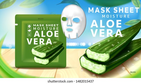 Luxury cosmetic package, collagen Mask sheet for skin, Beauty cosmetic product poster, with Aloe vera and wooden floor on beach background