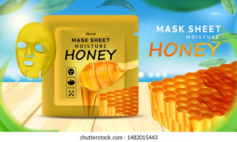 Luxury cosmetic package, collagen Mask sheet for skin, Beauty cosmetic product poster, with Honey and wooden floor on beach background
