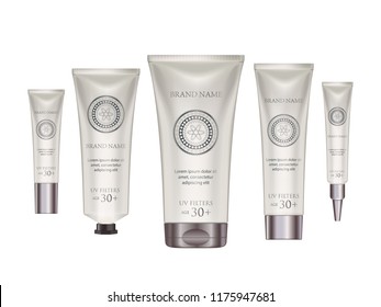 Luxury Cosmetic Product Design Advertising Template for Ads Background. Pearl Tube Set, Silver Cup and Modern Circle Graphic. 3d Realistic Skin Care BB Cream Bottle for Magazine or Poster. Vector.