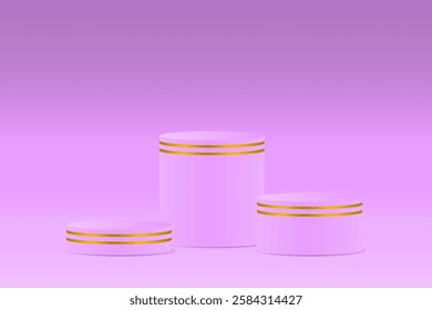 Luxury cosmetic product packaging mockup with elegant design. Three purple containers with shiny gold trim, perfect for cream, lotion or skincare. Minimalist background, realistic look.