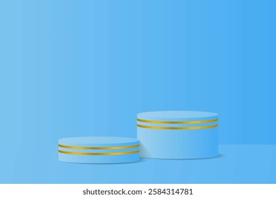 Luxury cosmetic product packaging mockup with elegant design. Two blue containers with shiny gold trim, perfect for cream, lotion or skincare. Minimalist background, realistic look.