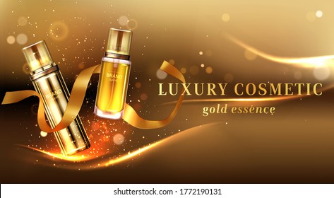 Luxury cosmetic products with golden glitter and ribbon. Vector realistic brand poster with skincare gel, cream, perfume or makeup cosmetics in glass bottles. Promo banner, advertising background