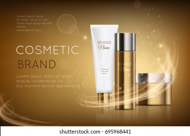 Luxury cosmetic template for ads. Beautiful golden jar, gold bottle and white tube mockup for moisturizing cream on a shiny background with lighting flare effect