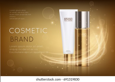 Luxury cosmetic template for ads, gold cosmetic bottle and white tube mockup for moisturizing cream, premium product on a shiny golden background