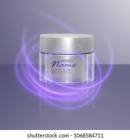 Luxury cosmetic template for ads, realistic 3d cosmetic jar with lighting flare effect. Vector brand illustration, eps10