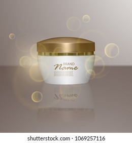 Luxury cosmetic template for ads, realistic 3d cosmetic jar with lighting flare effect. Vector brand illustration, eps10