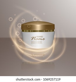 Luxury cosmetic template for ads, realistic 3d cosmetic jar with lighting flare effect. Vector brand illustration, eps10