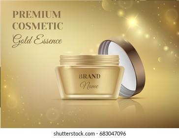 Luxury cosmetic templates for ads, golden cosmetic open jar with lid mockup for premium product on a shiny glitter background. Beautiful trendy brand illustration