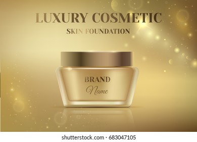Luxury cosmetic templates for ads, golden cosmetic jar for cream mockup for premium product on a shiny background. Beautiful trendy brand illustration