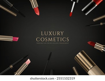 Uma faixa de cosméticos de luxo com batom realista, rímel, delineador, garrafa de creme de fundação em um fundo preto premium. Ideal para promoções de produtos de beleza, cuidados com a pele e elegância. Não é IA.