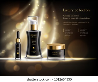 Luxury cosmetics realistic advertisement poster with black lotion dispenser cream jar golden bubbles dark background vector illustration 