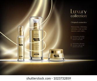 Luxury cosmetics realistic advertisement poster with glowing golden lotion dispenser and cream jar dark background vector illustration 