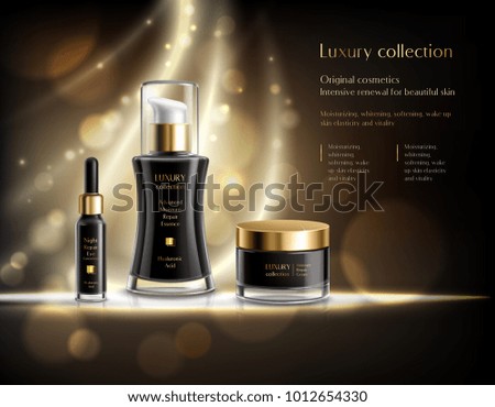 Luxury cosmetics realistic advertisement poster with black lotion dispenser cream jar golden bubbles dark background vector illustration 