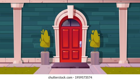 Luxury cottage house facade, home building exterior of green brick, red wooden arched door and rug at doorstep with plants in flowerbeds, tiled path and grass lawn at yard, Cartoon vector illustration