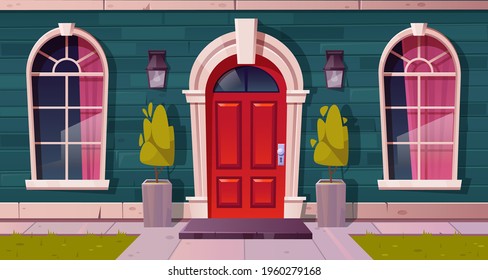 Luxury cottage house facade, home building exterior of green brick, red wooden arched door and curtained windows, lanterns over entrance, rug at doorstep with potted plants Cartoon vector illustration