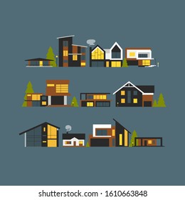 Luxury cottage village with modern houses in high tech style vector illustration