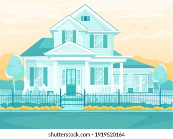 Luxury Countryside House Residential Building Facade. Forged Steel Fence. Big Detached Two-Storied Family Cottage Villa Townhouse with Pillars Columns. Front Yard with Driveway. Vector Illustration