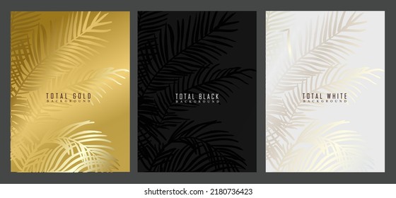 Luxury cover design. Fine palm leaves on gold, black, platinum background. Elegant brochures for business, events, invitations template