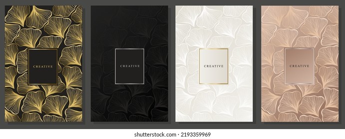 Luxury cover design with golden leaves. ginko foliage pattern on black, gold, platinum and pink background. Fashionable modern brochure, shiny and metallic effect for events, beauty, wedding, elegant 