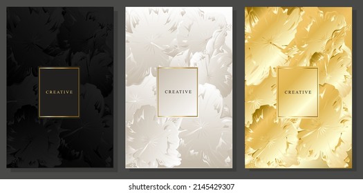 Luxury cover design. Hibiscus flowers pattern black, platinum and gold. Elegant brochures set with hand-drawn floral motif