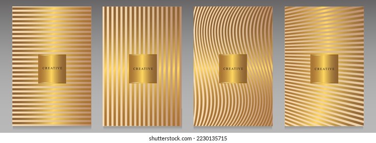 Luxury cover design set. Pattern with golden lines on a delicate pink background. Modern brochures and backgrounds: vertical, horizontal and curved stripes, shiny and metallic effect.