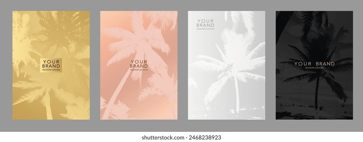 Conjunto de diseño de cubierta de lujo. Fondo tropical con patrón de hojas de palma pastel. Elegante Plantilla de Vector para invitación de boda, Tarjeta de regalo, catálogo de maquillaje, folleto ecológico, menú lux, 