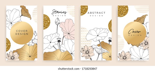 Luxury cover design template. Lotus line arts hand draw gold lotus flower and leaves. Design for packaging design, social media post, cover, banner, creative post, Gold geometric pattern design vector