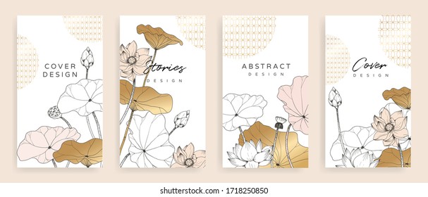 Luxury cover design template. Lotus line arts hand draw gold lotus flower and leaves. Design for packaging design, social media post, cover, banner, creative post, Gold geometric pattern design vector