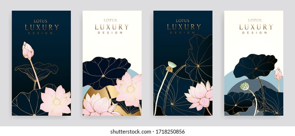 Luxury cover design template. Lotus line arts hand draw gold lotus flower and leaves. Design for packaging design, social media post, cover, banner, creative post, Gold geometric pattern design vector