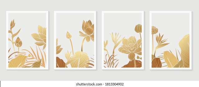 Luxury cover design template. Lotus line arts hand draw gold lotus flower and leaves. Design for packaging design, social media post, cover, banner, Wall arts, Gold geometric pattern design vector