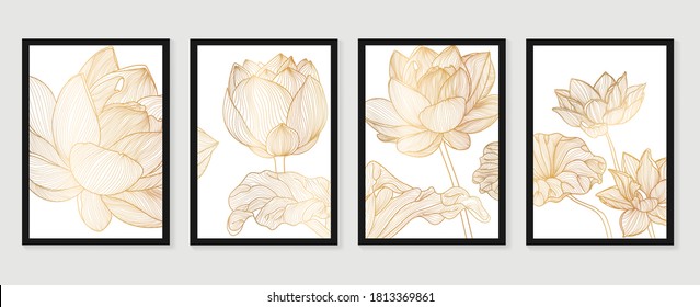 Luxury cover design template. Lotus line arts hand draw gold lotus flower and leaves. Design for packaging design, social media post, cover, banner, Wall arts, Gold geometric pattern design vector