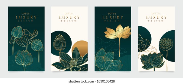 Plantilla de diseño de portada de lujo. La mano de las artes de la línea Lotus dibuja flores de loto de oro y hojas. Diseño para el diseño de embalajes, publicación en medios sociales, portada, banner, post creativo, Vector de diseño de patrones geométricos de oro