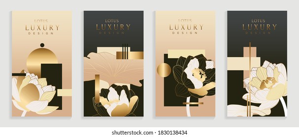 Luxury cover design template. Lotus line arts hand draw gold lotus flower and leaves. Design for packaging design, social media post, cover, banner, creative post, Gold geometric pattern design vector